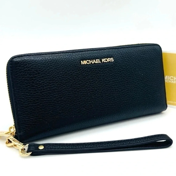 Michael Kors Large Continental Wallet Wristlet Black/Gold - Picture 1 of 7